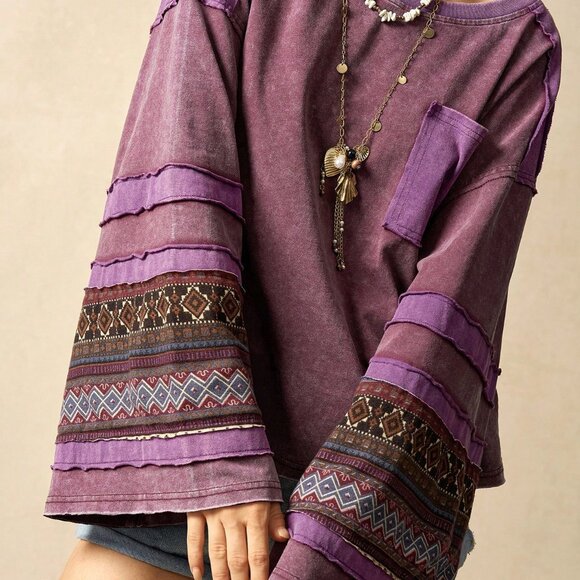 Multicolor Casual Women's Knit Patchwork Round Neck Long Sleeve Loose T-Shirt - Picture 7 of 8